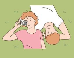 A man and a woman are lying in the park and the woman is looking into the camera. hand drawn style vector design illustrations.