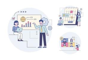 Business people making presentations while looking at graphs, making schedules on a calendar, and having video conferences. Outline flat design style minimal vector illustration set.