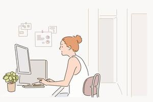 una mujer está sentada en su escritorio y trabaja en una computadora. ilustraciones de diseño de vectores de estilo dibujado a mano.