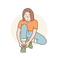 A woman is tying her shoelaces. hand drawn style vector design illustrations.
