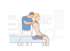 A man is being treated by a physical therapist. hand drawn style vector design illustrations.