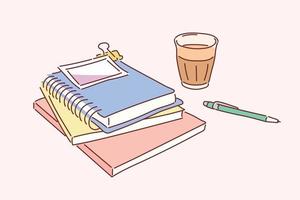 Notebooks are piled up on the desk, coffee cups and pens are on it. hand drawn style vector design illustrations.