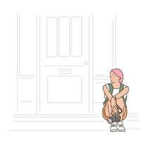 A woman with a camera is sitting on the stairs with a tired expression. hand drawn style vector design illustrations.