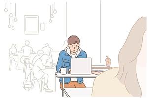 A man is sitting in a cafe with his laptop open. hand drawn style vector design illustrations.