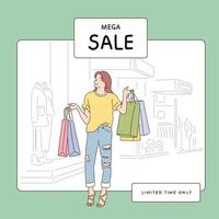 A woman is standing in front of a store with shopping bags full. hand drawn style vector design illustrations.