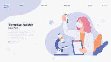 A scientist is doing research in a laboratory. He is watching with a microscope on the table, holding a chart in his hand and a test tube in the other. Online web page concept template. vector