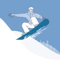 una persona saltando sobre una tabla de snowboard. ilustraciones de diseño de vectores de estilo dibujado a mano.