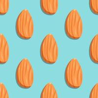 Seamless background with almonds. Cute print with nuts on a blue background. Food and snacks icon vector