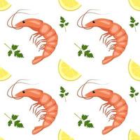 Seamless pattern with shrimps or prawns, lemon wedges and parsley leaves. Food print for textiles, paper and other designs. A source of vitamins and healthy nutrition vector