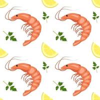 Seamless pattern with shrimps or prawns, lemon wedges and parsley leaves. Food print for textiles, paper and other designs. A source of vitamins and healthy nutrition vector