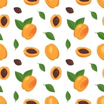 fondo transparente con albaricoques, semillas y hojas. un lindo estampado de verano o primavera con fruta entera y cortada a la mitad. decoración festiva para textiles, papel de regalo y diseño vector