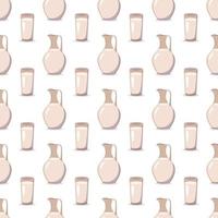 Seamless pattern with a jug and a glass with milk. Print with kefir or other liquid. Farm products rich in vitamins and calcium in the background vector