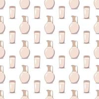 Seamless pattern with a jug and a glass with milk. Print with kefir or other liquid. Farm products rich in vitamins and calcium in the background vector