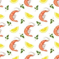 Seamless pattern with shrimps or prawns, lemon wedges and parsley leaves. Food print for textiles, paper and other designs. A source of vitamins and healthy nutrition vector