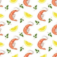 Seamless pattern with shrimps or prawns, lemon wedges and parsley leaves. Food print for textiles, paper and other designs. A source of vitamins and healthy nutrition vector