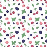 Seamless pattern with berries and mint leaves. A cute summer or spring print with cherries, blueberries and raspberries. Festive decoration for textiles, wrapping paper and design. vector