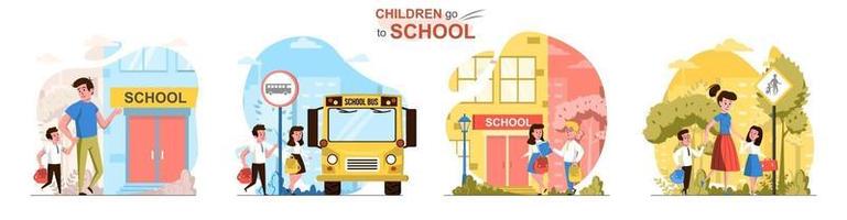 Children go to school flat design concept scenes vector