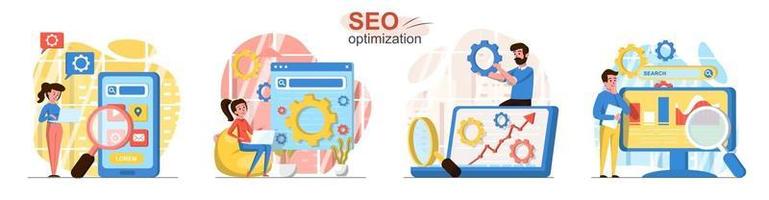 Seo optimization flat design concept scenes set vector