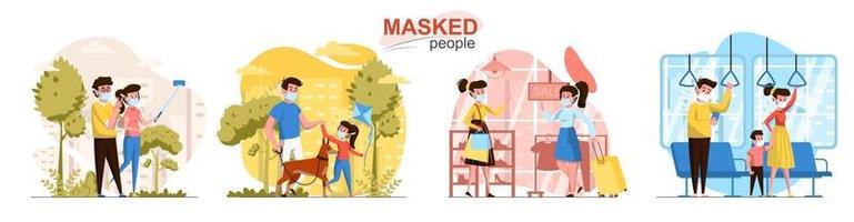Masked people flat design concept scenes set vector