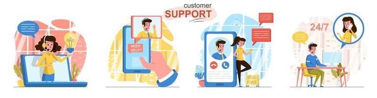 Customer support flat design concept scenes set vector