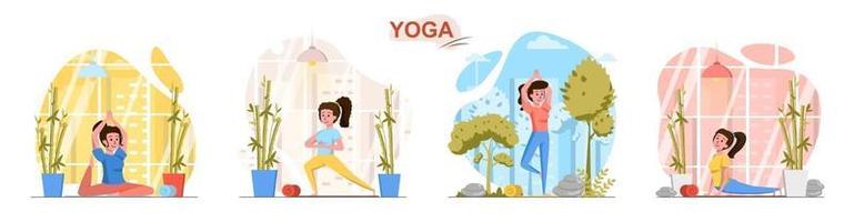 Yoga flat design concept scenes set vector