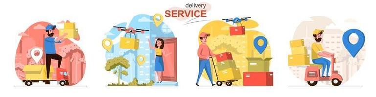 Delivery service flat design concept scenes set vector