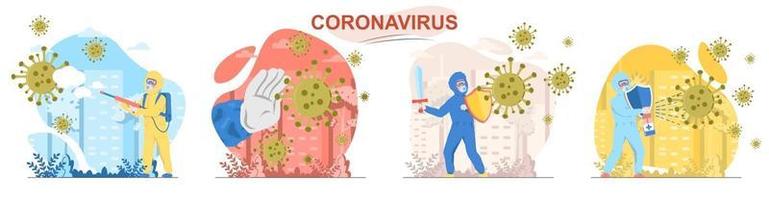 Conjunto de escenas de concepto de diseño plano de coronavirus. vector