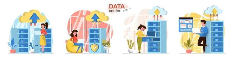 Data center flat design concept scenes set vector