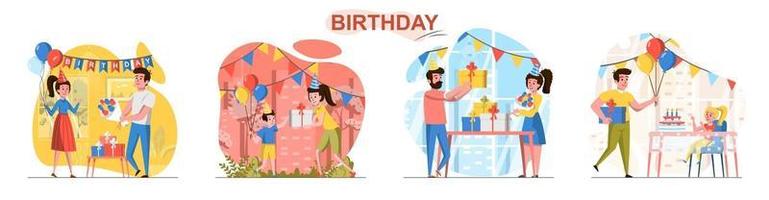 Birthday flat design concept scenes set vector