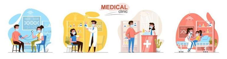 Conjunto de escenas de concepto de diseño plano de clínica médica vector