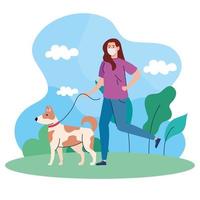 Mujer caminando con perro mascota con correa al aire libre, con máscara médica, contra el coronavirus covid 19 vector