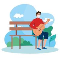 young man wearing medical mask, playing guitar sitting a park chair vector