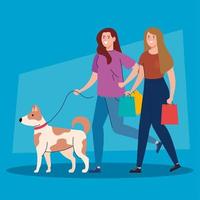 Mujeres caminando con perro mascota en la correa, mujer con mascota perro vector