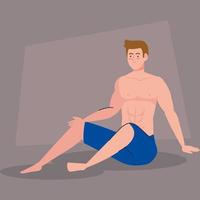 man in shorts, happy guy in swimsuit sitting on the floor vector