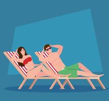 couple lying down on beach chairs, summer vacation season vector