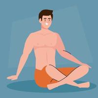 man in shorts, happy guy in swimsuit sitting on the floor vector