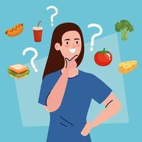 Mujer eligiendo entre comida sana y no saludable, comida rápida vs menú equilibrado vector