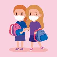cute girls wearing medical mask to prevent coronavirus covid 19 with school bag, students girls wearing protective medical mask with school bag vector