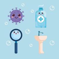 set, cute icons, bottle disinfection, particle covid 19 and magnifying glass, kawaii style vector