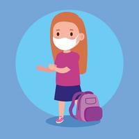 cute girl wearing medical mask to prevent coronavirus covid 19 with school bag, student girl wearing protective medical mask with school bag vector