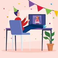 online party, meeting friends, couple have online party together in quarantine, video conference in computer, party web camera online holiday vector