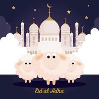 celebración del festival de la comunidad musulmana eid al adha, tarjeta con sacrificio de ovejas y monumento tradicional en la noche nublada
