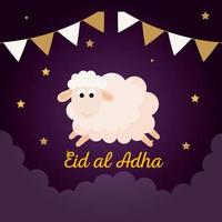 celebración del festival de la comunidad musulmana eid al adha, tarjeta con ovejas sacrificadas y guirnaldas sobre fondo de noche nublada