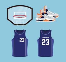 set of basketball icons, contains such icons as hoop basket, shoes, shirts vector