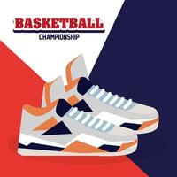 Campeonato de baloncesto, etiqueta, diseño con pelota de baloncesto y calzado deportivo. vector