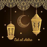 eid al adha mubarak, happy sacrifice feast, with golden lanterns and moon hanging decoration vector