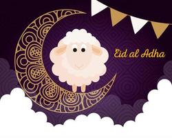 celebration of muslim community festival eid al adha, card with sacrificial sheep and moon on cloudy night background vector