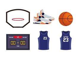 conjunto de iconos de baloncesto, contiene iconos como canasta de aros, zapatos, pelota, tablero de puntuación, camisetas