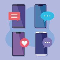 collection of mobile phones, smartphone devices with speech bubbles vector