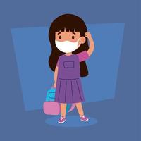 cute girl wearing medical mask to prevent coronavirus covid 19 with school bag, student girl wearing protective medical mask with school bag vector